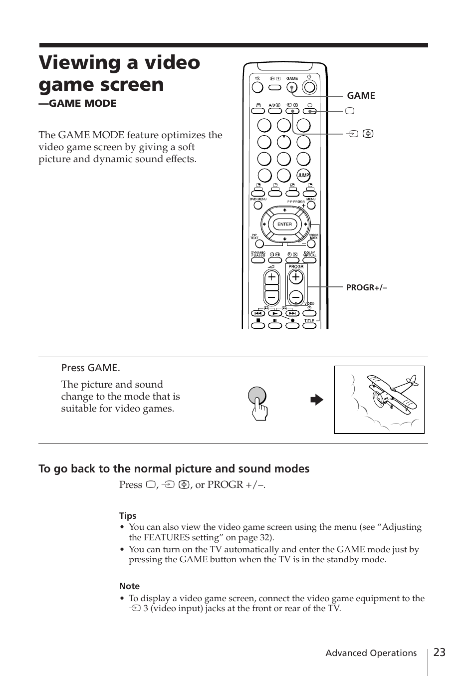 Viewing a video game screen | Sony KV-EF29M61 User Manual | Page 23 / 42