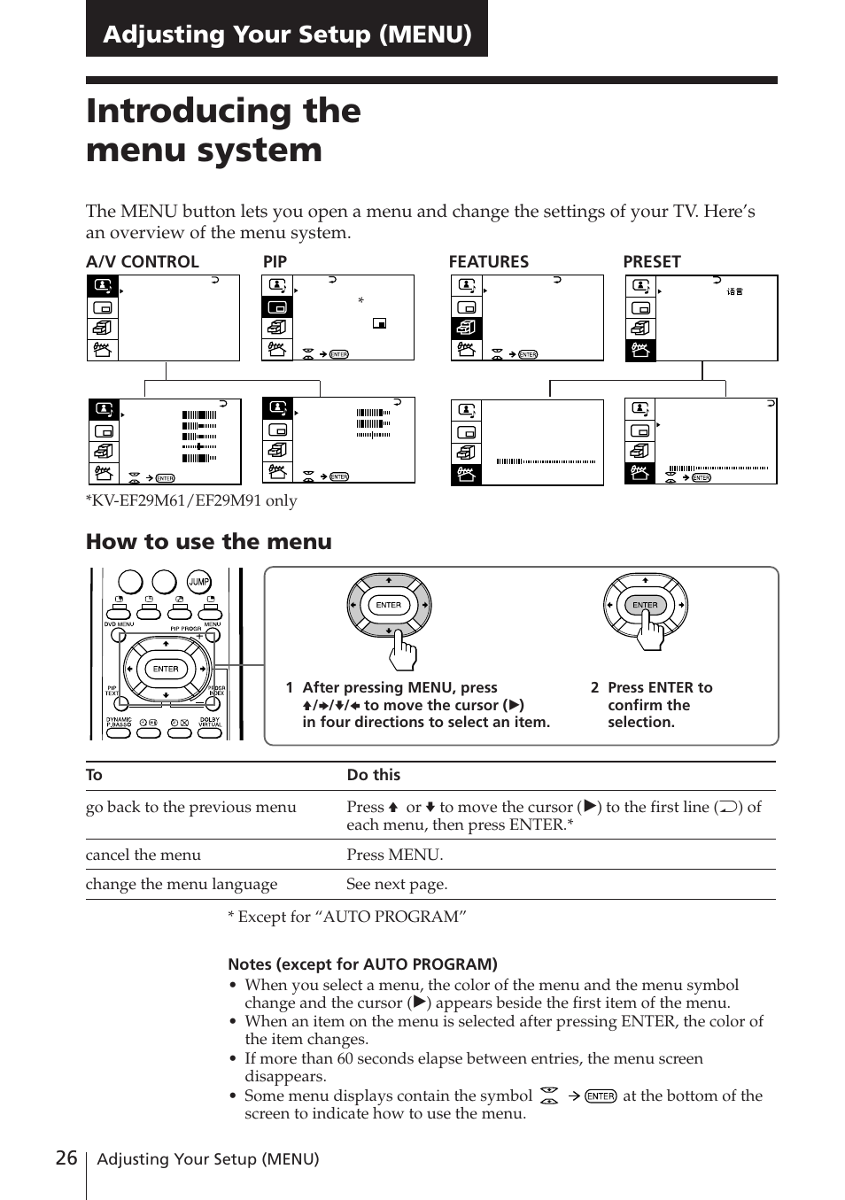 Introducing the menu system, How to use the menu, A/v control pip features preset | Adjusting your setup (menu) | Sony KV-EF29M61 User Manual | Page 26 / 42