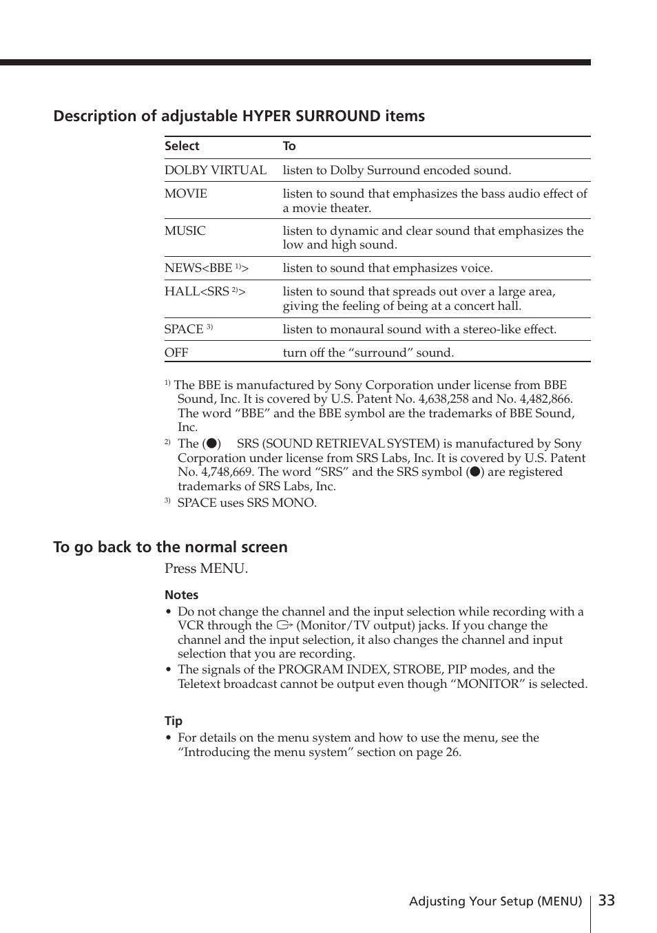 Description of adjustable hyper surround items | Sony KV-EF29M61 User Manual | Page 33 / 42