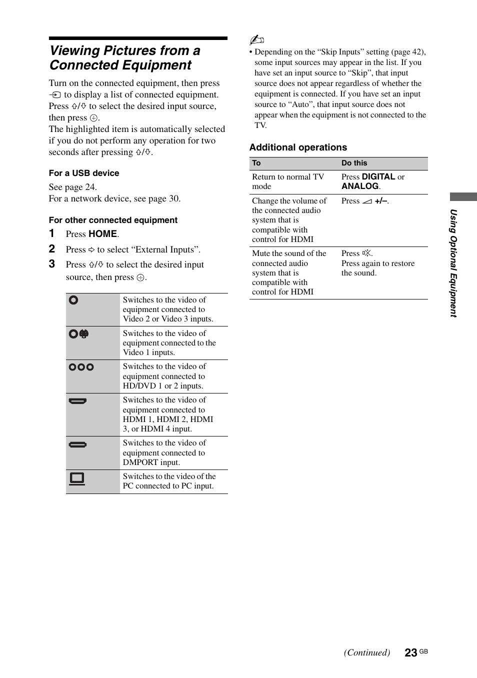 Viewing pictures from a connected equipment | Sony KDL-70X4500 User Manual | Page 23 / 108
