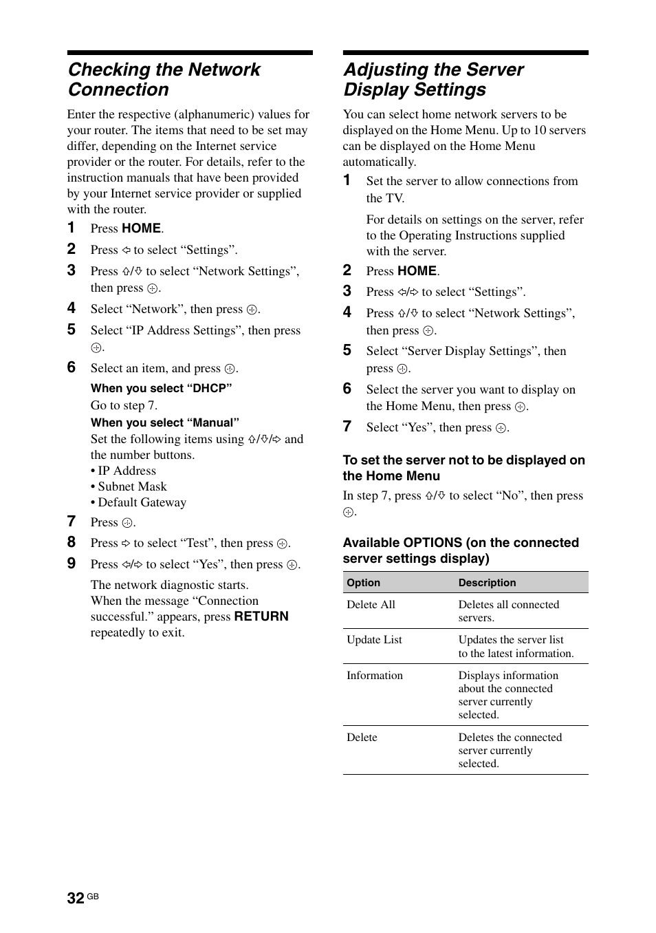 Checking the network connection, Adjusting the server display settings | Sony KDL-70X4500 User Manual | Page 32 / 108