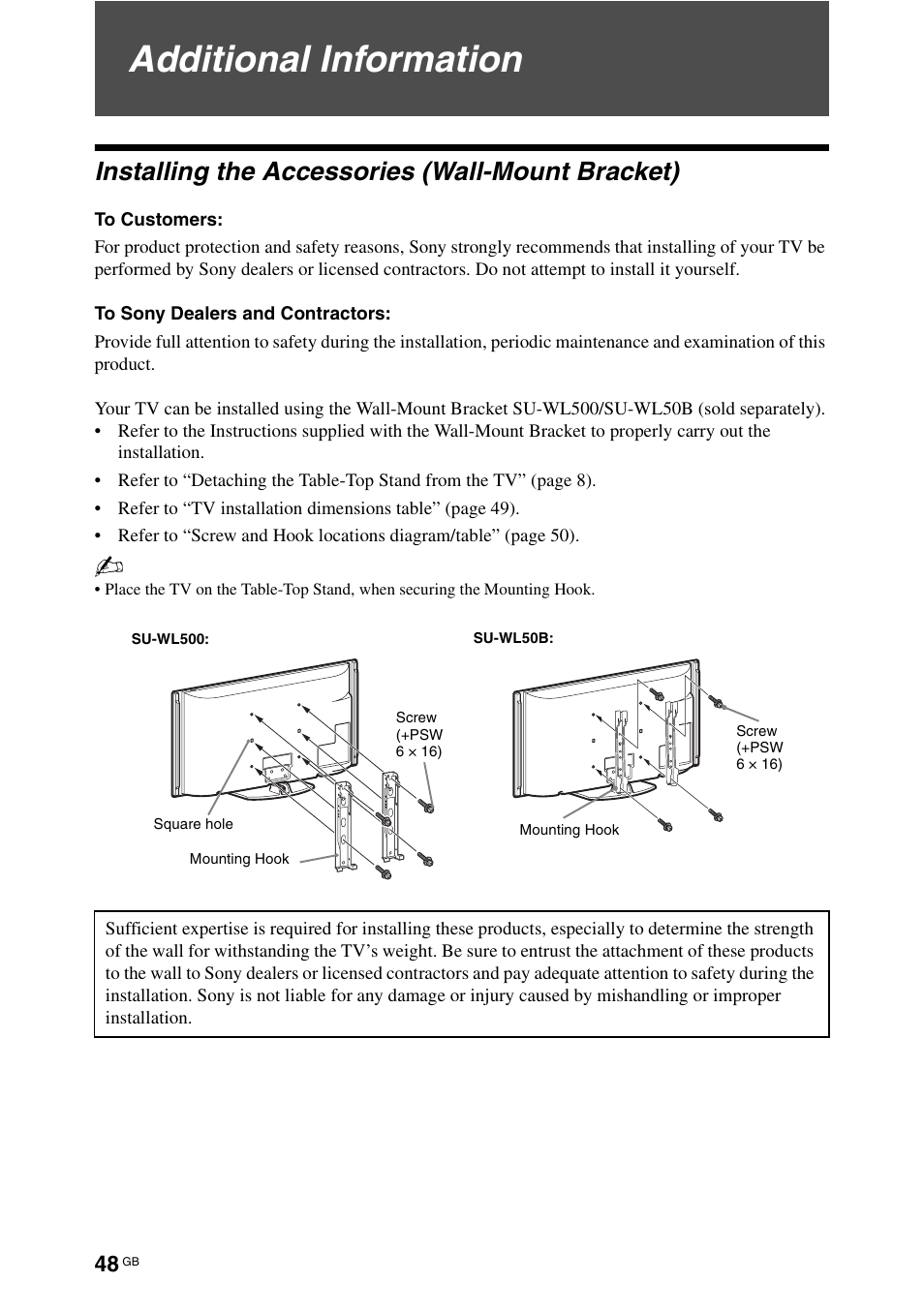 Additional information, Installing the accessories (wall-mount bracket) | Sony KDL-70X4500 User Manual | Page 48 / 108