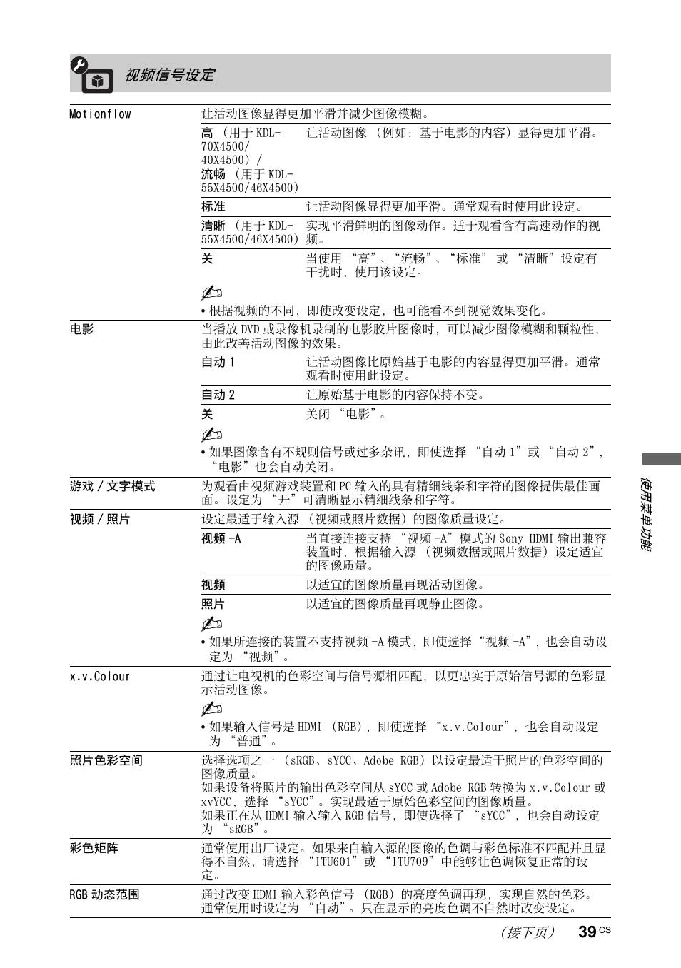 视频信号设定 | Sony KDL-70X4500 User Manual | Page 95 / 108