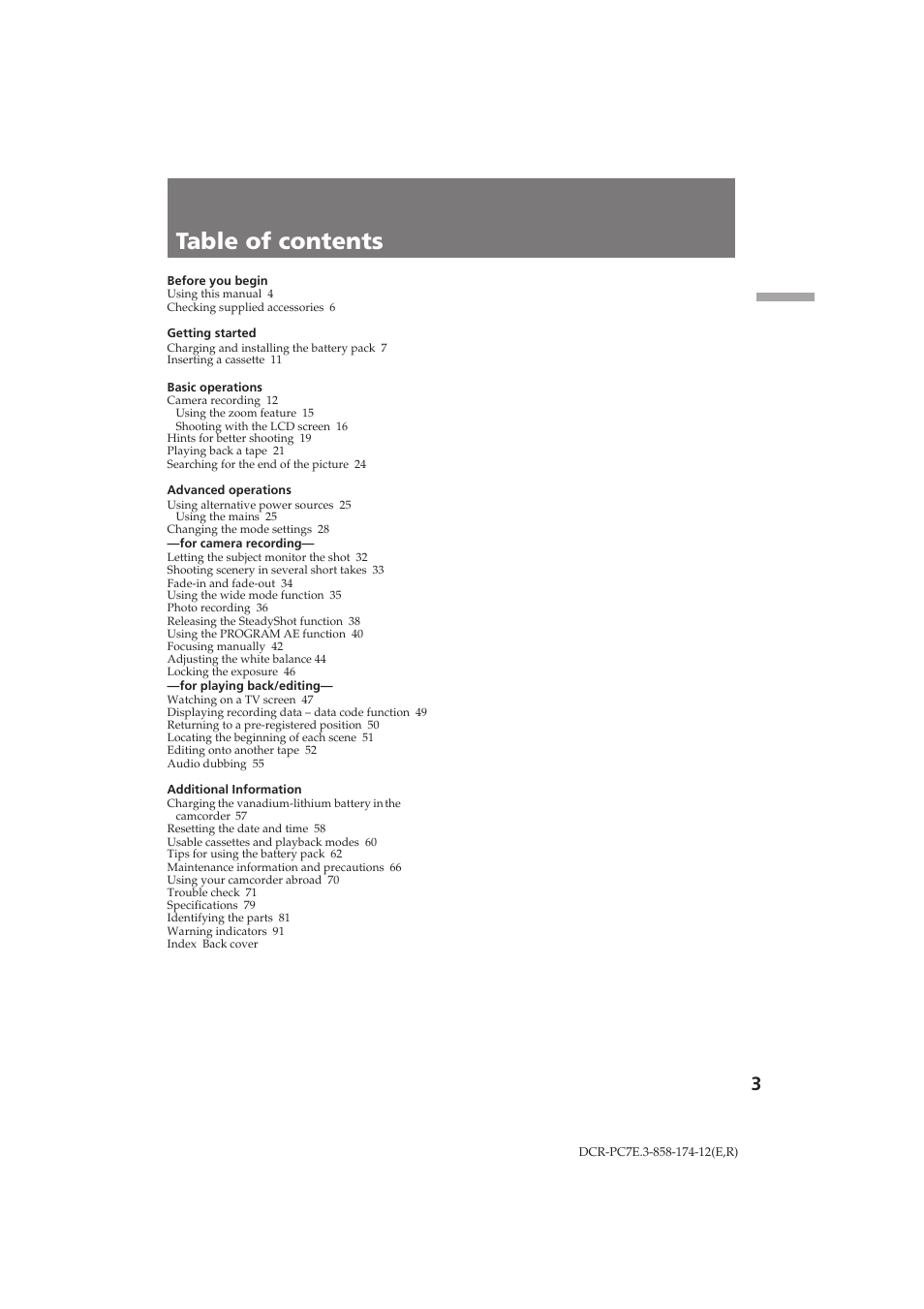 Sony DCR-PC7E User Manual | Page 3 / 92