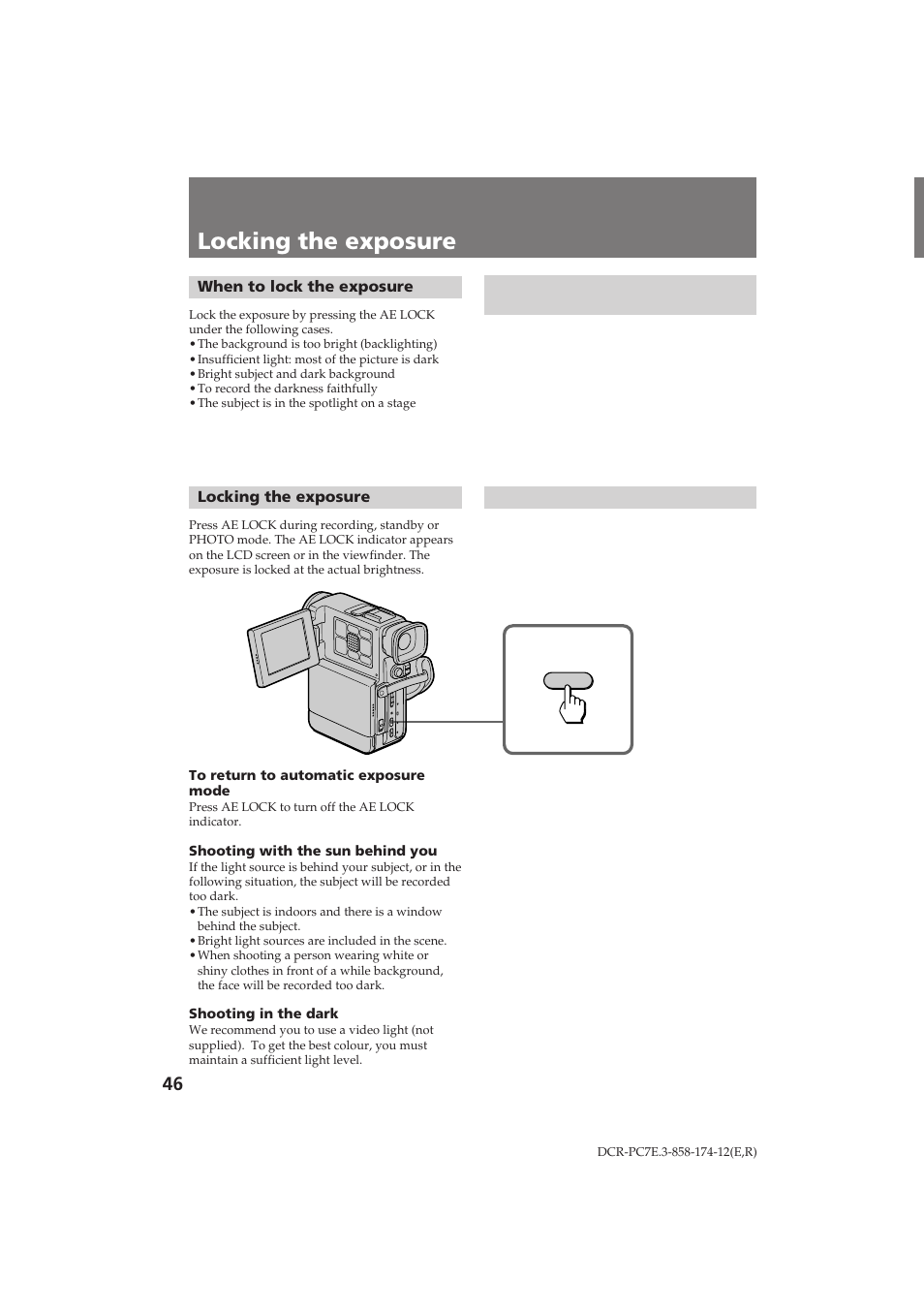 Locking the exposure, Олнтл у‚‡млв ˝íòôóáëˆëë | Sony DCR-PC7E User Manual | Page 46 / 92