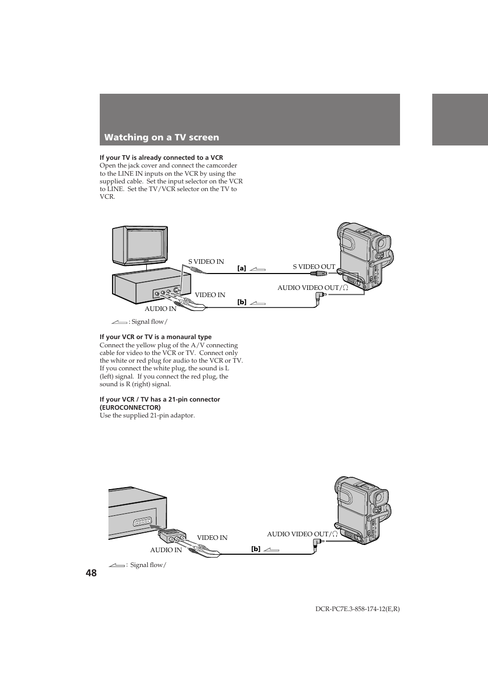 Watching on a tv screen, И утпуъ м‡ ˝н ‡мв ъвов‚лбу | Sony DCR-PC7E User Manual | Page 48 / 92
