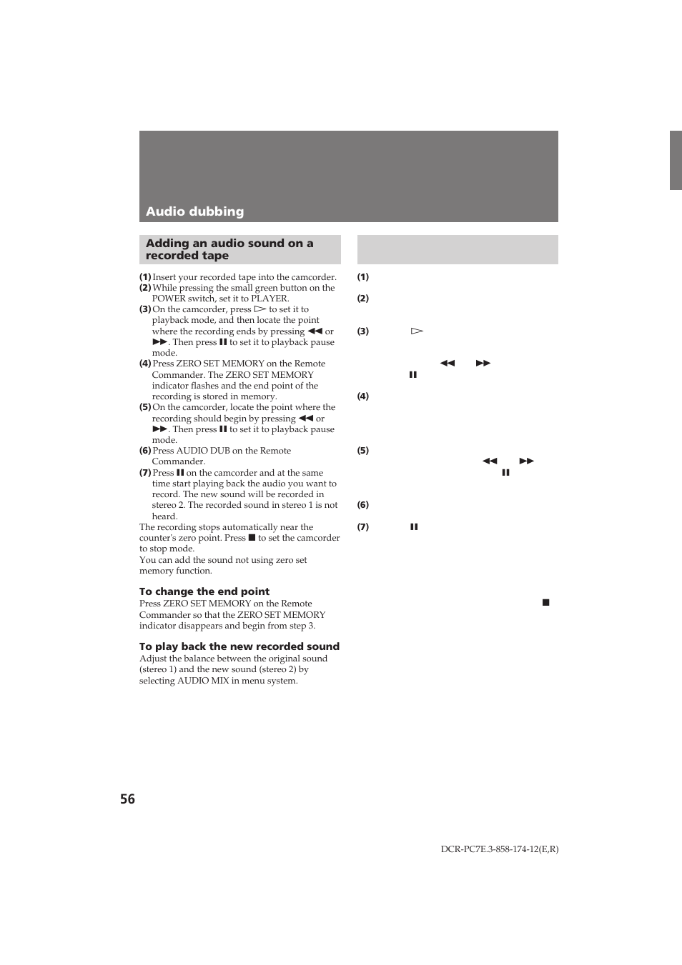 Ив вб‡флт¸ б‚ыну‚у„у туф у‚ук‰âìëfl audio dubbing, Adding an audio sound on a recorded tape | Sony DCR-PC7E User Manual | Page 56 / 92