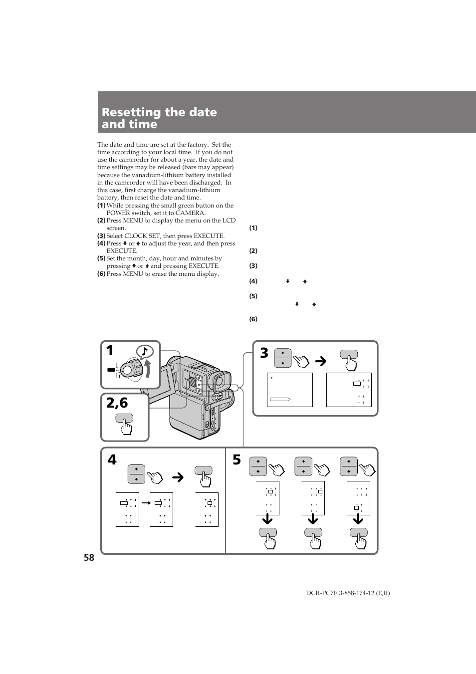 Resetting the date and time | Sony DCR-PC7E User Manual | Page 58 / 92