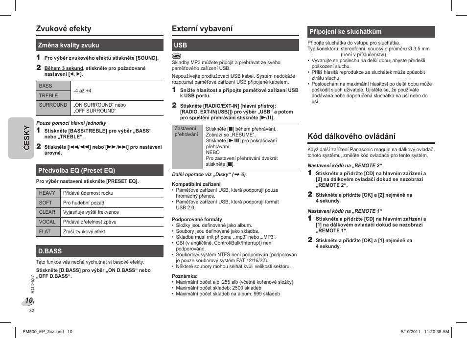 Zvukové efekty, Externí vybavení, Kód dálkového ovládání | Panasonic SC-PM500 User Manual | Page 32 / 72