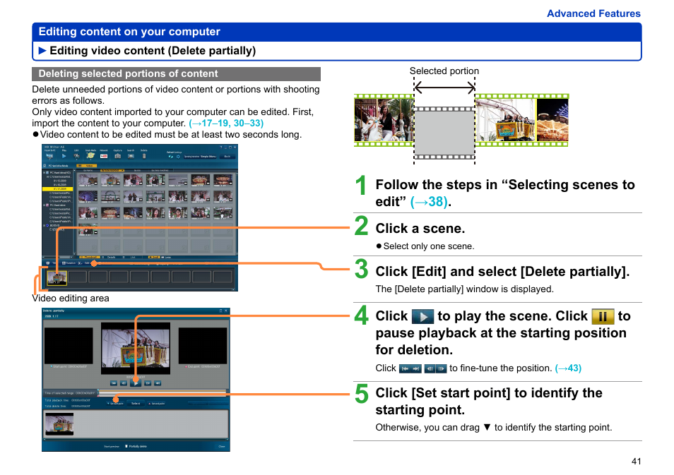 Editing video content (delete partially), Deleting selected portions of content, Editing video content (delete partially) ……… 41 | Deleting selected portions of content ……………………… 41 | Panasonic -eng User Manual | Page 41 / 106