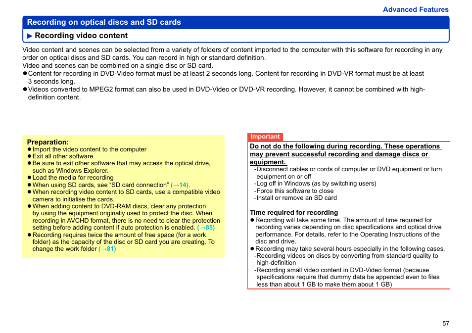 Recording video content, Recording video content ………………………… 57 | Panasonic -eng User Manual | Page 57 / 106