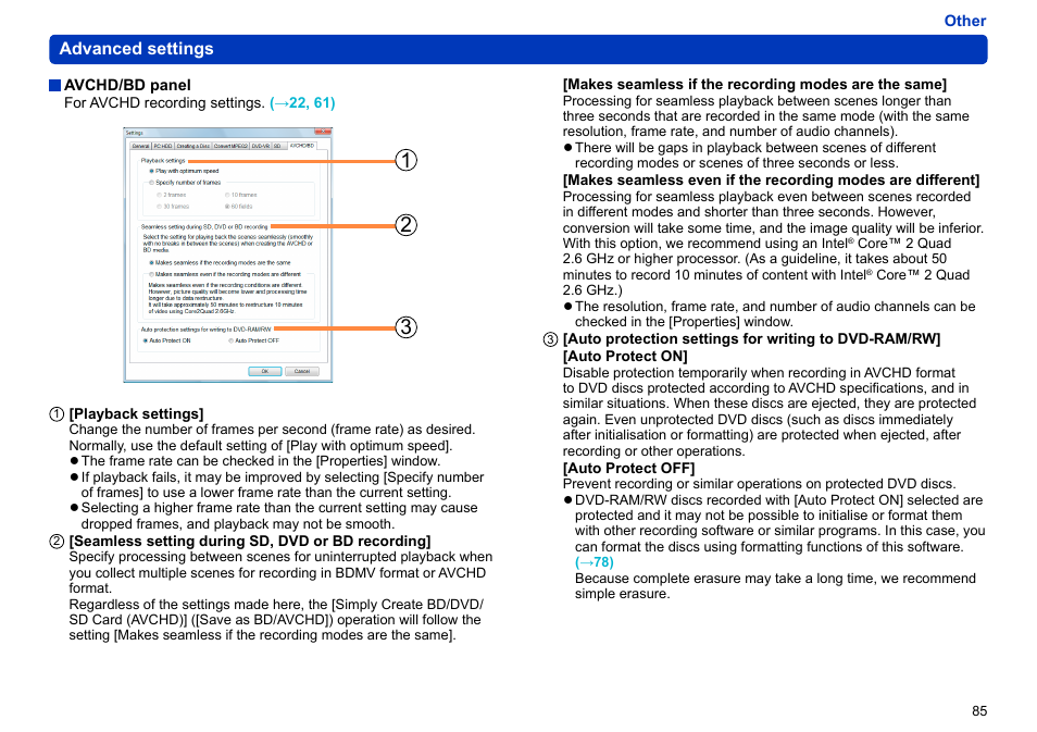 Bd recording, A message is displayed if any scenes are, Es] to continue with recording | Recording | Panasonic -eng User Manual | Page 85 / 106