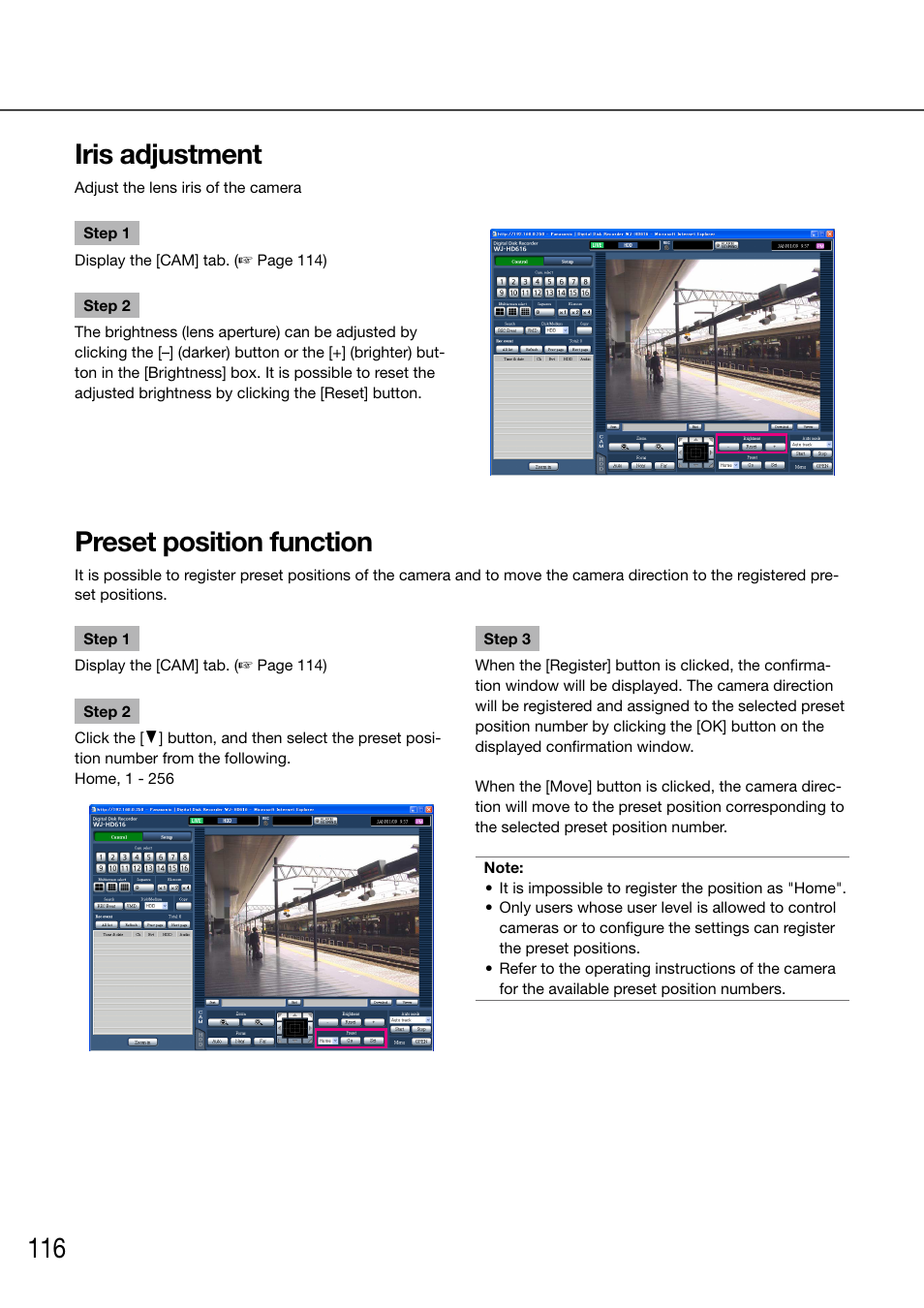 Iris adjustment, Preset position function | Panasonic 616 User Manual | Page 116 / 133