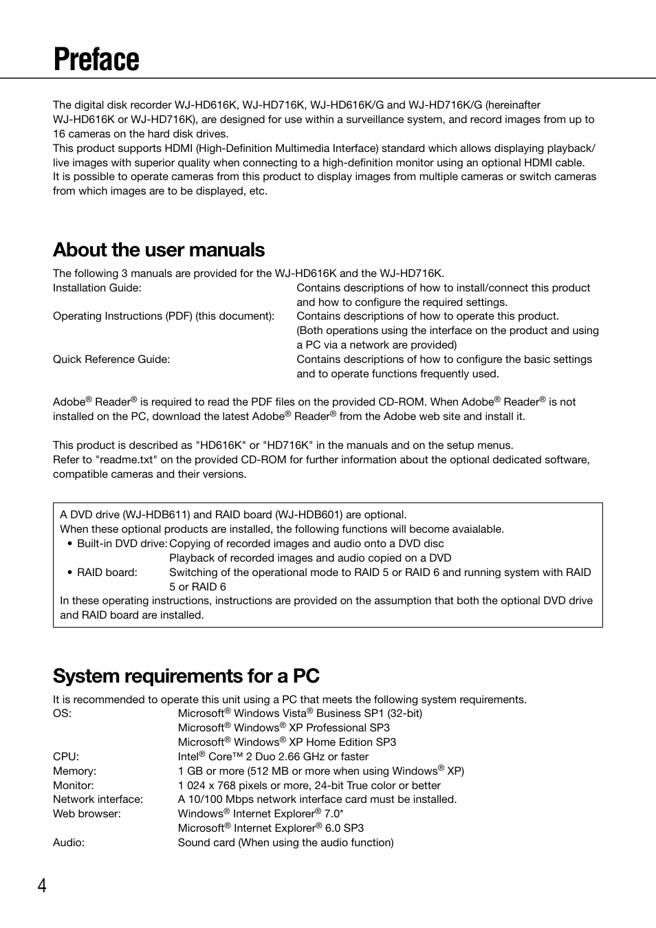 Preface, About the user manuals, System requirements for a pc | Panasonic 616 User Manual | Page 4 / 133