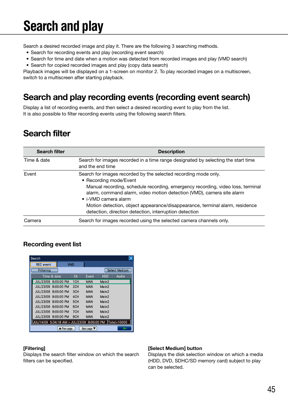 Search and play, Search filter | Panasonic 616 User Manual | Page 45 / 133