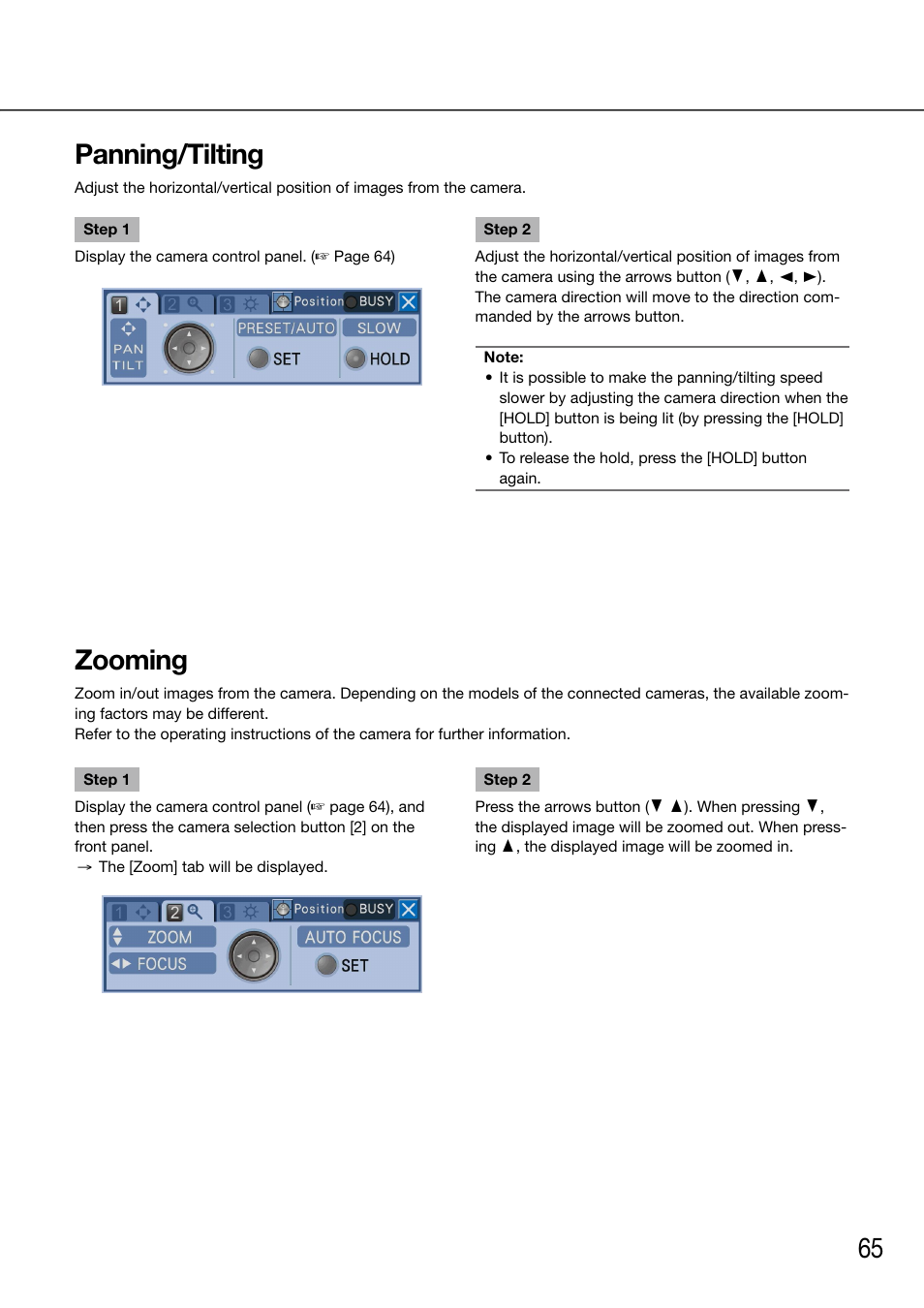 Panning/tilting, Zooming | Panasonic 616 User Manual | Page 65 / 133