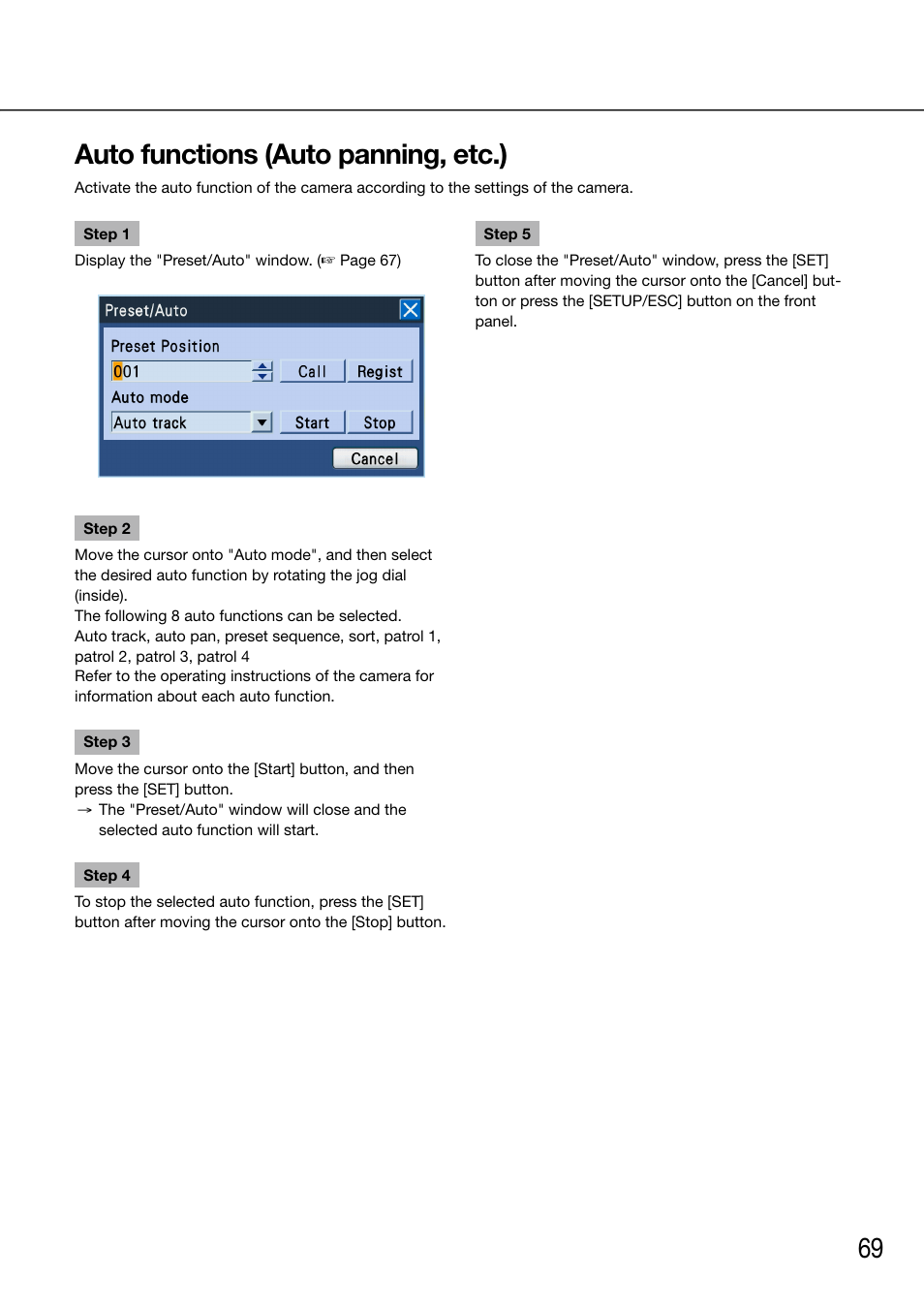 Auto functions (auto panning, etc.) | Panasonic 616 User Manual | Page 69 / 133
