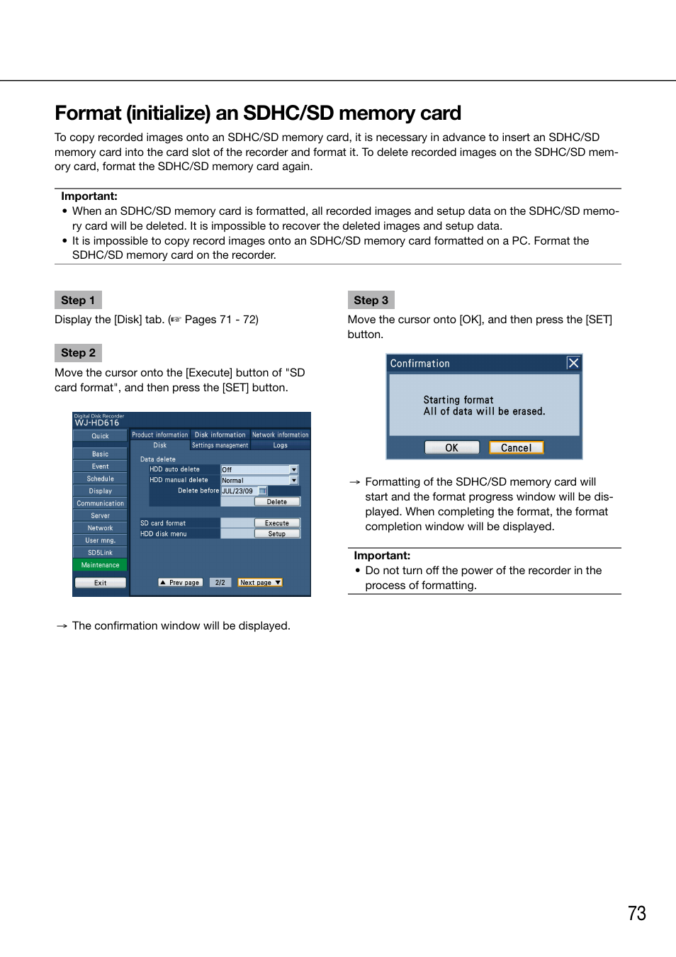 Format (initialize) an sdhc/sd memory card | Panasonic 616 User Manual | Page 73 / 133