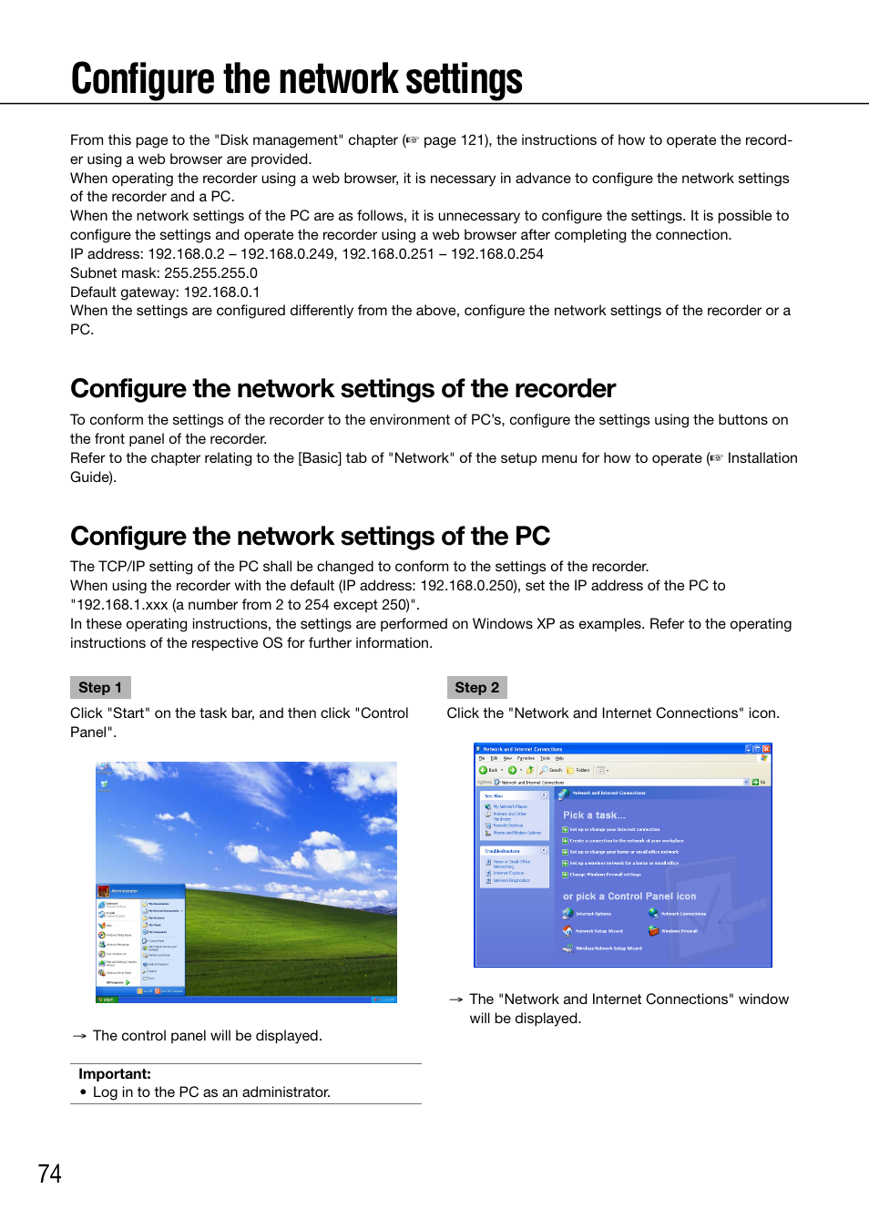 Configure the network settings, Configure the network settings of the recorder, Configure the network settings of the pc | Panasonic 616 User Manual | Page 74 / 133