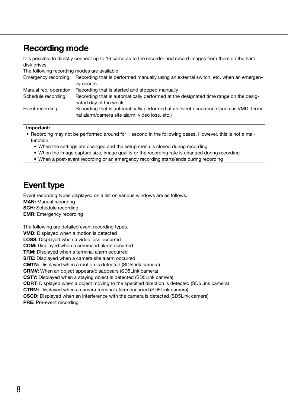 Recording mode, Event type, 8recording mode | Panasonic 616 User Manual | Page 8 / 133