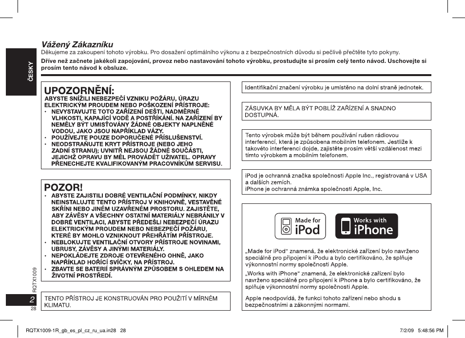 2vážený zákazníku | Panasonic SC-SP100 User Manual | Page 28 / 52