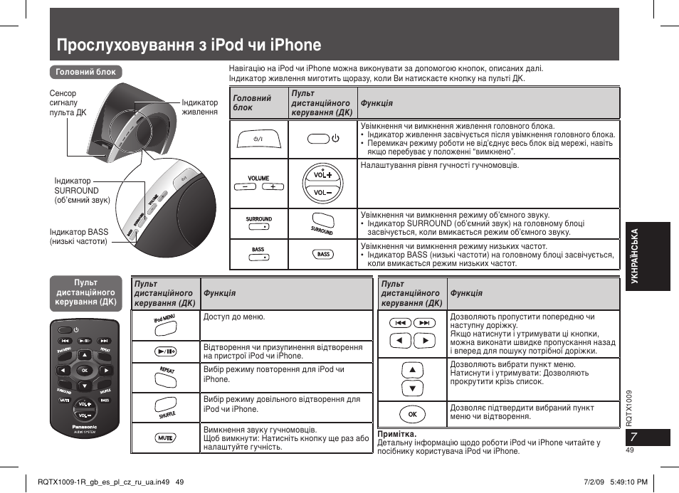 Прослуховування з ipod чи iphone | Panasonic SC-SP100 User Manual | Page 49 / 52