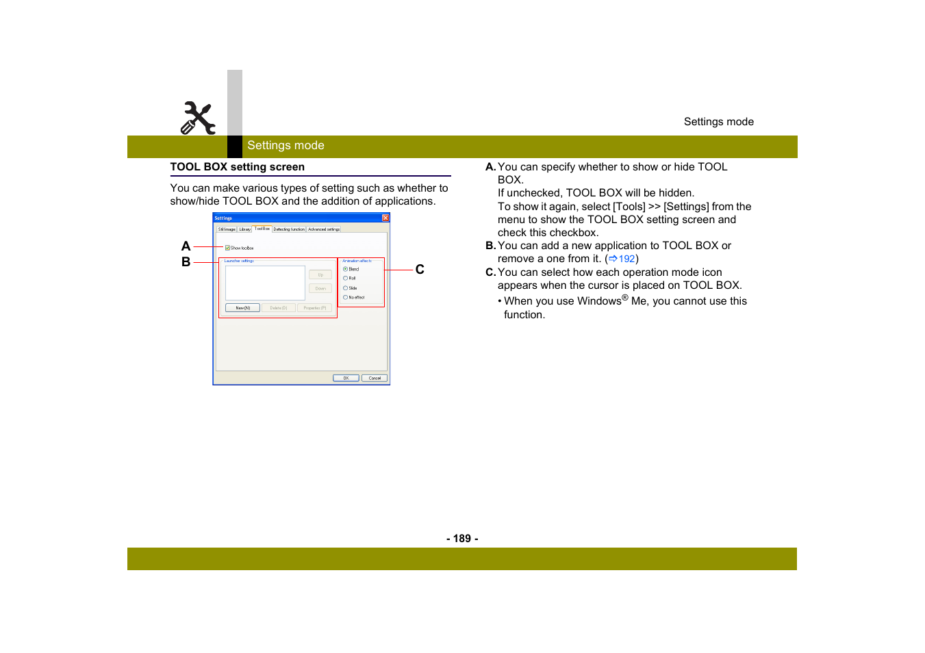 Tool box setting screen | Panasonic MotionSD STUDIO 1.0E User Manual | Page 189 / 231
