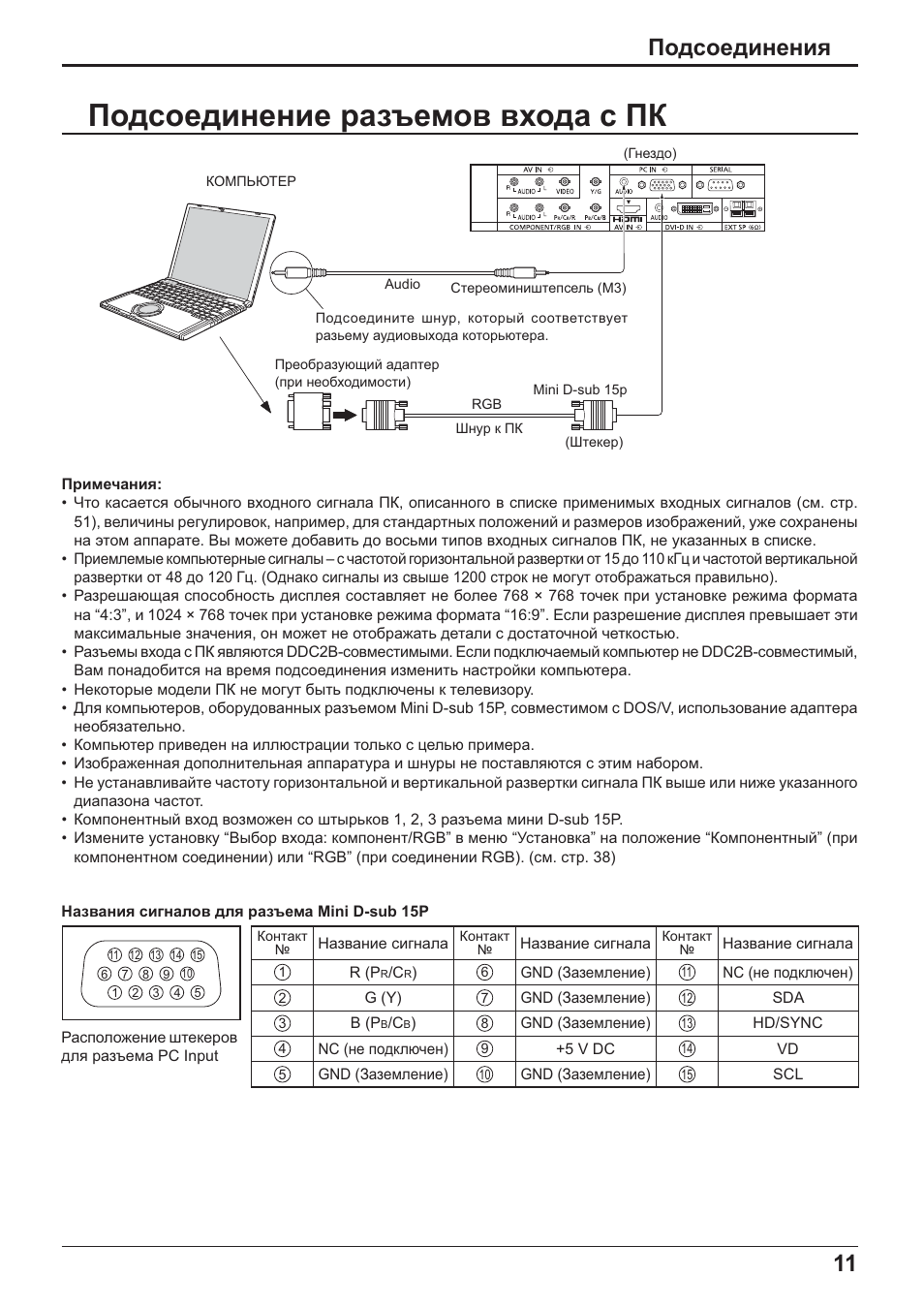 Ɉɨɞɫɨɟɞɢɧɟɧɢɟ ɪɚɡɴɟɦɨɜ ɜɯɨɞɚ ɫ ɉʉ, 11 ɉɨɞɫɨɟɞɢɧɟɧɢɹ | Panasonic TH-42PH20 User Manual | Page 11 / 55