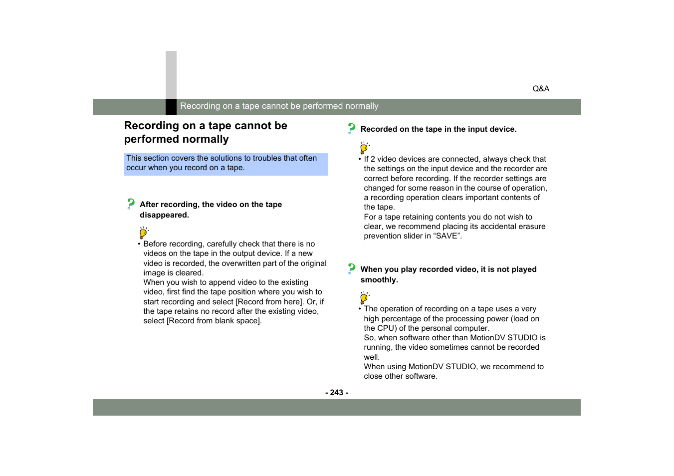 Recording on a tape cannot be performed normally | Panasonic MotionDV STUDIO 5.6E LE eng User Manual | Page 243 / 260
