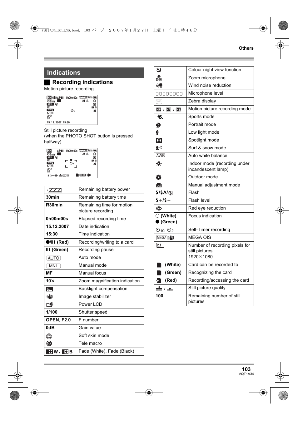 Indications, ª recording indications | Panasonic HDC-SD1 User Manual | Page 103 / 124