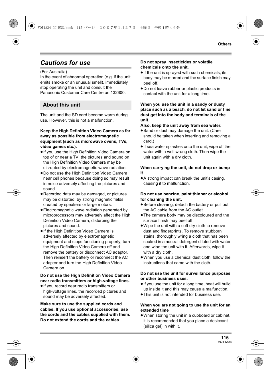 Cautions for use, About this unit | Panasonic HDC-SD1 User Manual | Page 115 / 124