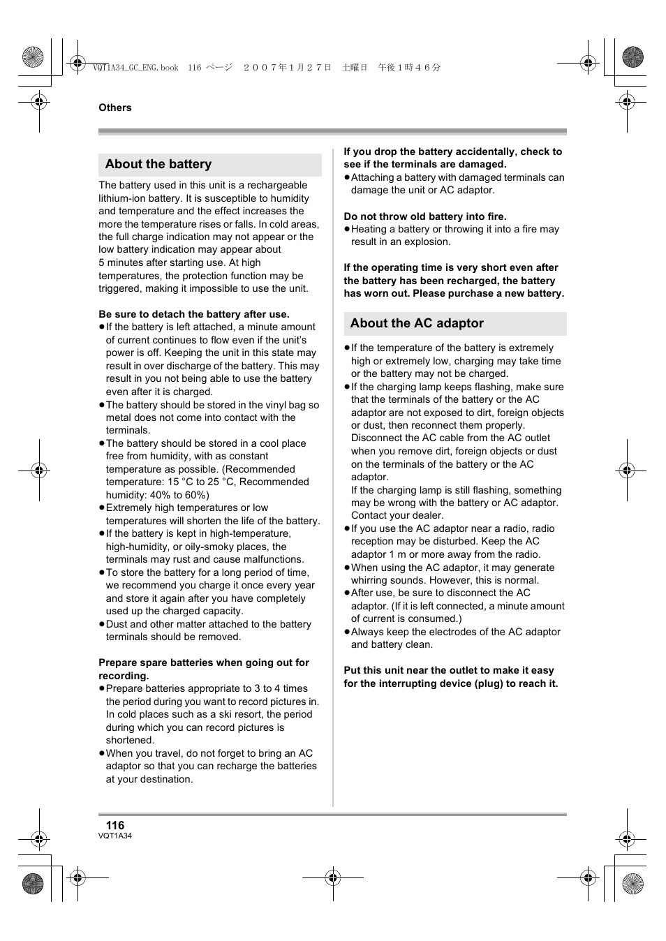 About the battery about the ac adaptor | Panasonic HDC-SD1 User Manual | Page 116 / 124