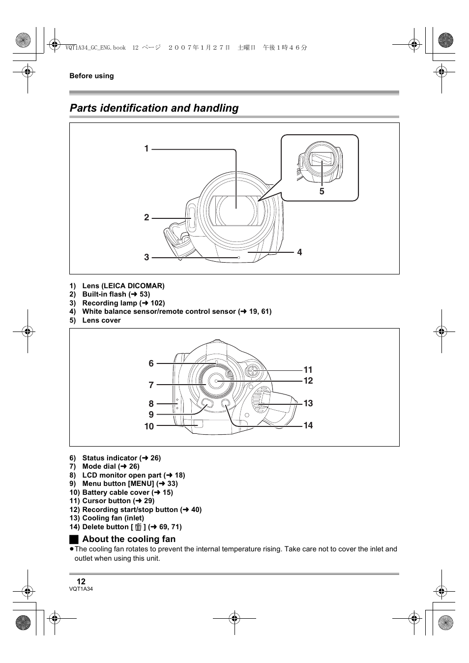 Parts identification and handling | Panasonic HDC-SD1 User Manual | Page 12 / 124