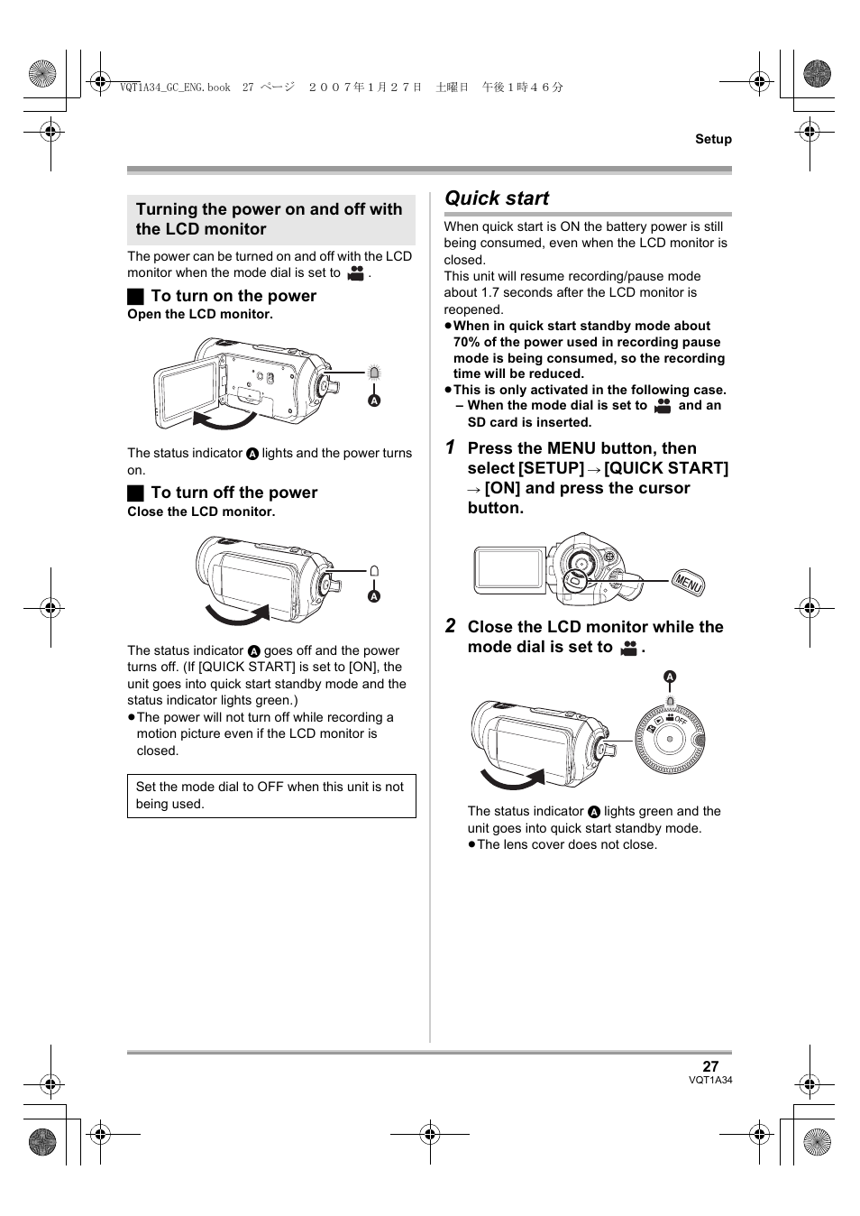 Quick start | Panasonic HDC-SD1 User Manual | Page 27 / 124