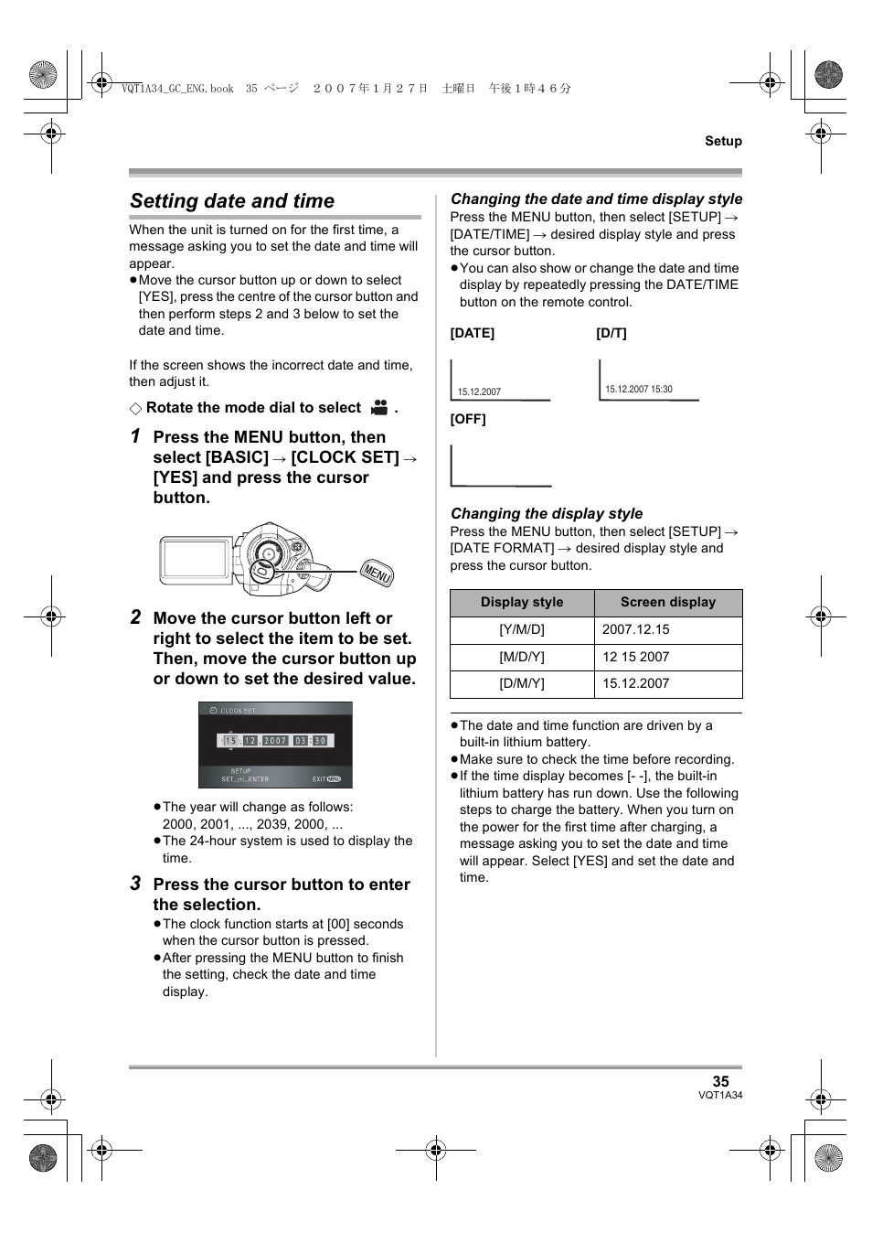 Setting date and time | Panasonic HDC-SD1 User Manual | Page 35 / 124