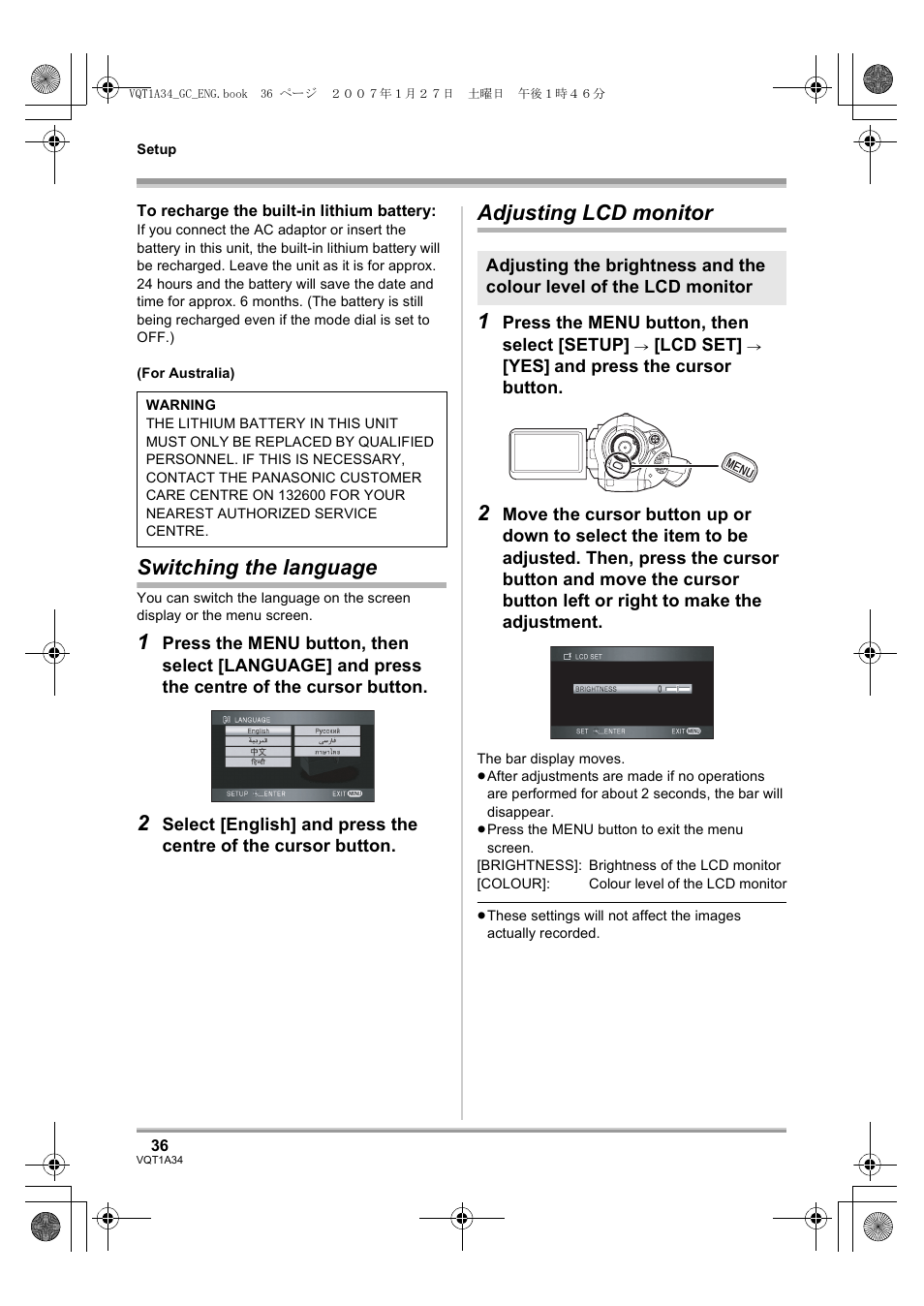 Switching the language, Adjusting lcd monitor 1 | Panasonic HDC-SD1 User Manual | Page 36 / 124