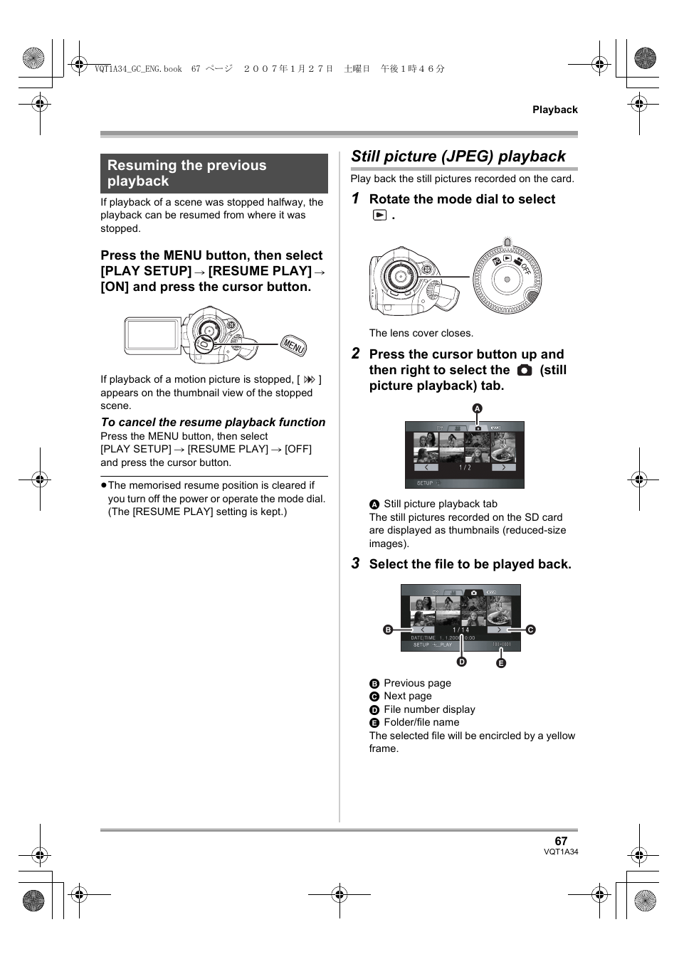 Still picture (jpeg) playback, Resuming the previous playback | Panasonic HDC-SD1 User Manual | Page 67 / 124