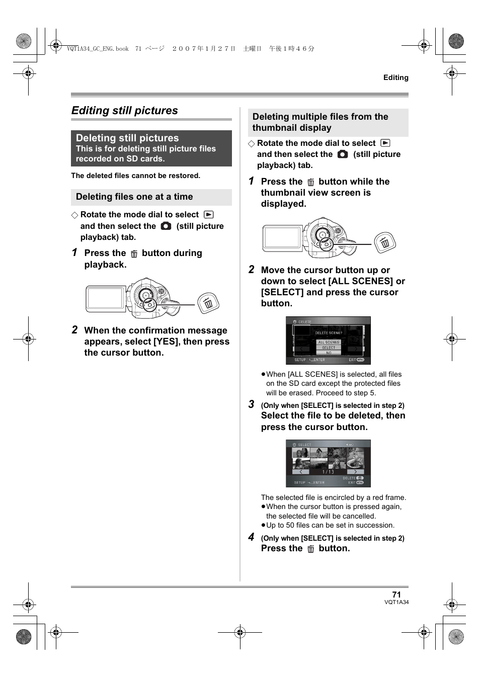 Editing still pictures | Panasonic HDC-SD1 User Manual | Page 71 / 124