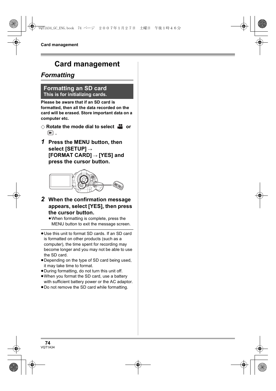 Card management, Formatting, Formatting an sd card | Panasonic HDC-SD1 User Manual | Page 74 / 124