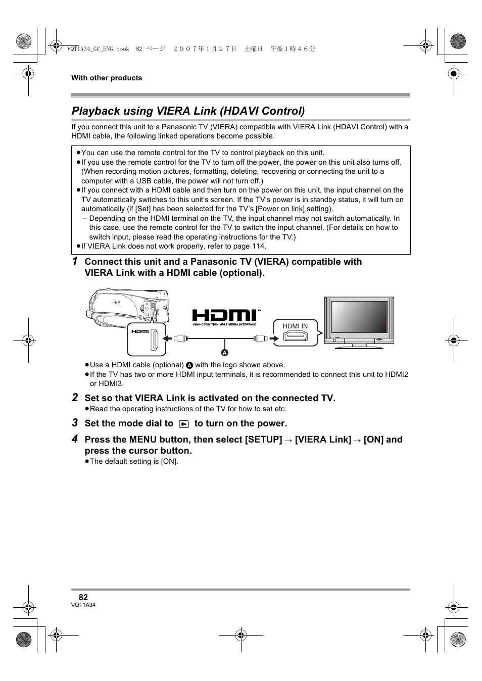 Playback using viera link (hdavi control) | Panasonic HDC-SD1 User Manual | Page 82 / 124