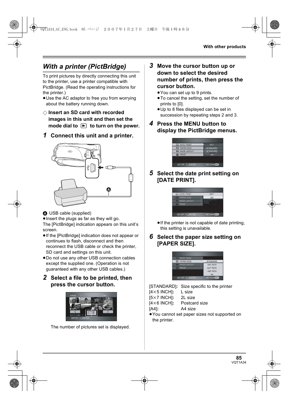 With a printer (pictbridge) | Panasonic HDC-SD1 User Manual | Page 85 / 124