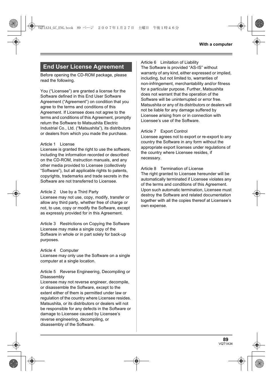 End user license agreement | Panasonic HDC-SD1 User Manual | Page 89 / 124