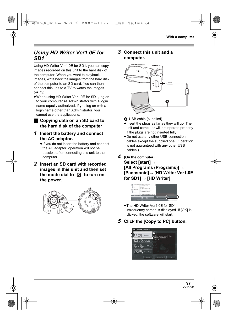 Using hd writer ver1.0e for sd1 | Panasonic HDC-SD1 User Manual | Page 97 / 124