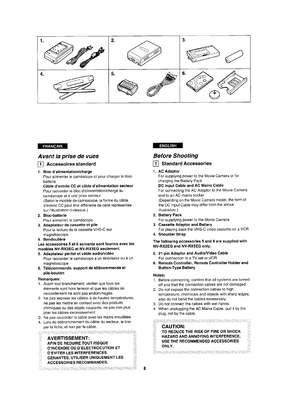 Français, Avant la prise de vues, Pt] accessoires standard | Bloc d’alimentation/charge, Bioc-batterie, Adaptateur de cassette et pile, Bandoulière, Adaptateur péritel et câble audio/vidéo, Avertissement, Before shooting [t| standard accessories | Panasonic NV-RX1-2-5 User Manual | Page 4 / 113