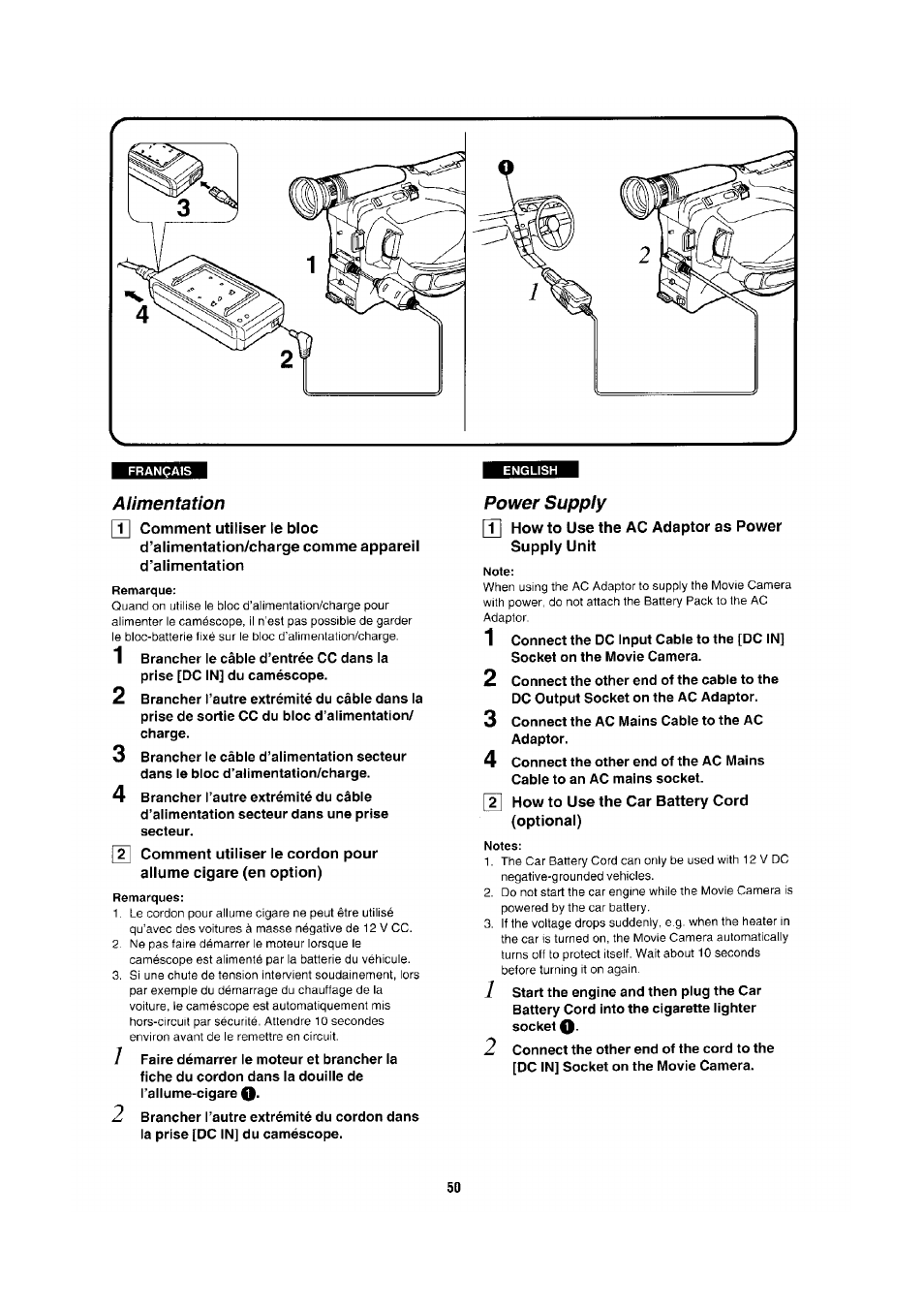 Alimentation, T| comment utiliser le bloc, Power supply | T| how to use the ac adaptor as power supply unit, How to use the car battery cord (optional) | Panasonic NV-RX1-2-5 User Manual | Page 46 / 113