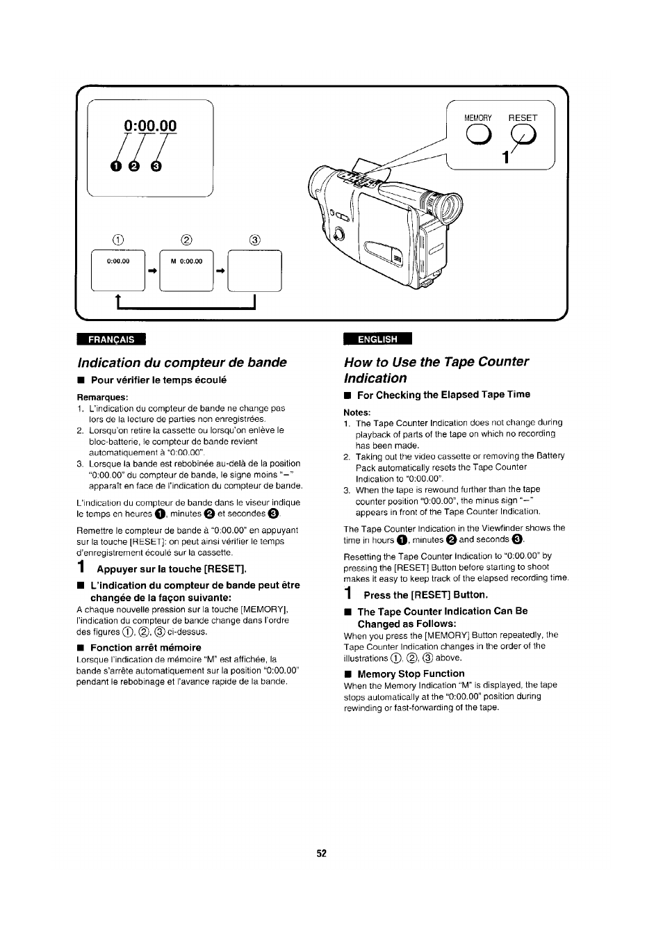 Français, Indication du compteur de bande, Pour vérifier le temps écoulé | Remarques, 1 appuyer sur la touche [reset, Fonction arrêt mémoire, How to use the tape counter indication, For checking the elapsed tape time notes, 1 press the [reset] button, Memory stop function | Panasonic NV-RX1-2-5 User Manual | Page 48 / 113