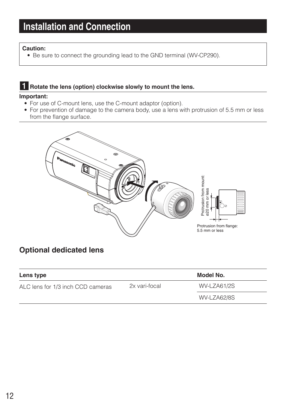 Installation and connection, Optional dedicated lens | Panasonic WV-CP290 - User Manual | Page 12 / 21