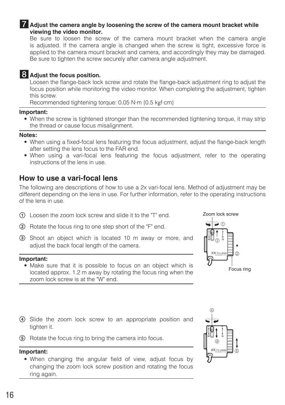 How to use a vari-focal lens | Panasonic WV-CP290 - User Manual | Page 16 / 21