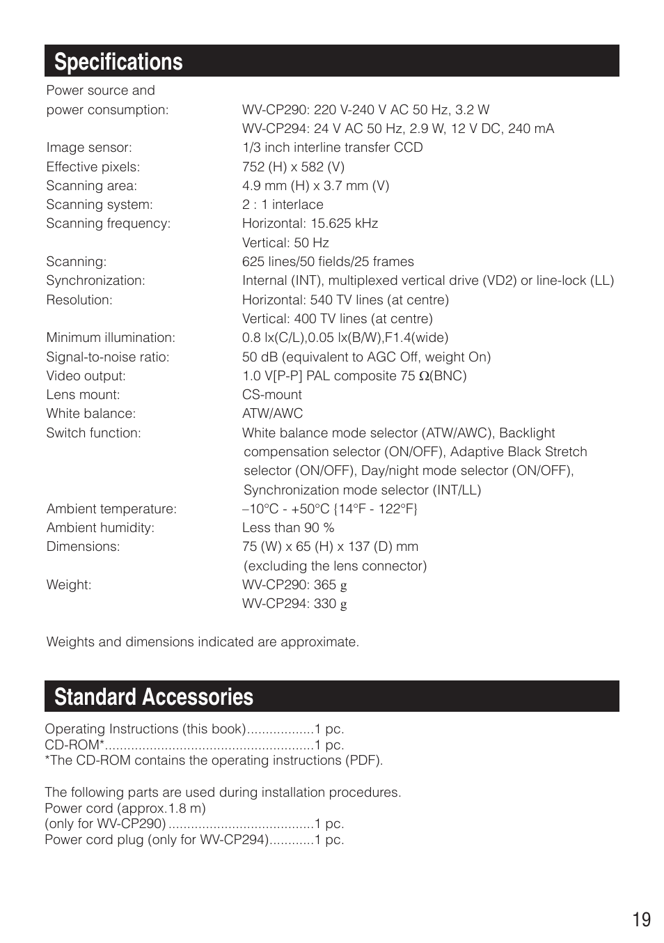 Specifications, Standard accessories | Panasonic WV-CP290 - User Manual | Page 19 / 21