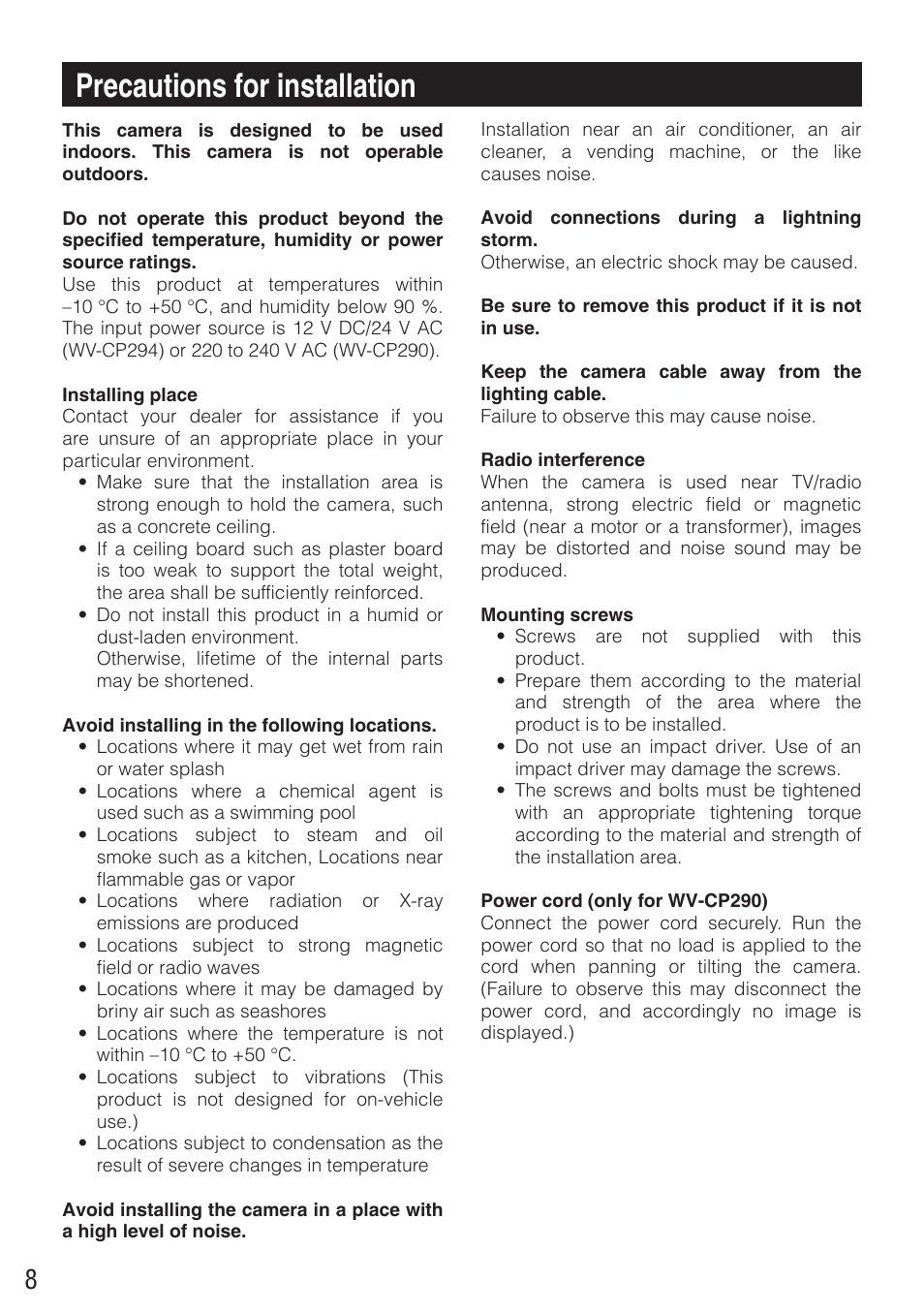 Precautions for installation | Panasonic WV-CP290 - User Manual | Page 8 / 21